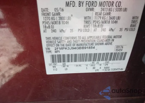 2016 Ford Edge Sel z USA, uszkodzony, nr VIN 2FMPK3J94GBB91854